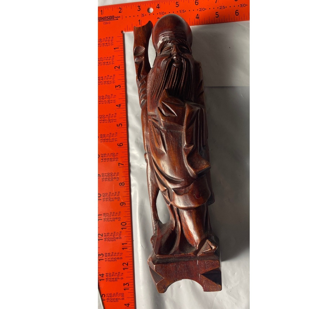 Vintage Asian Carved Wood Bearded Immortal Figure Statue 13 Inch Tall